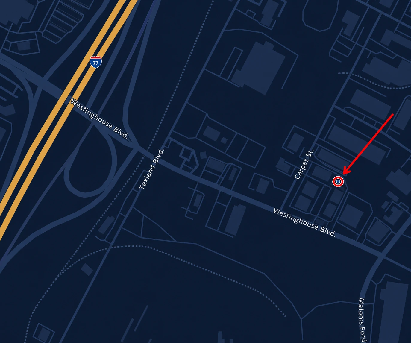 Dark map showing MCA office location at 222 Westinghouse Boulevard in Charlotte