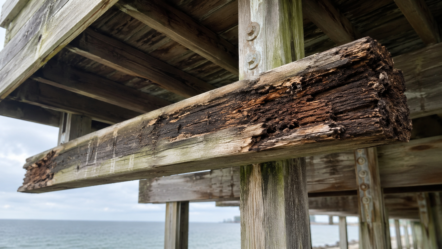 Coastal wood beam with visible rot damage
