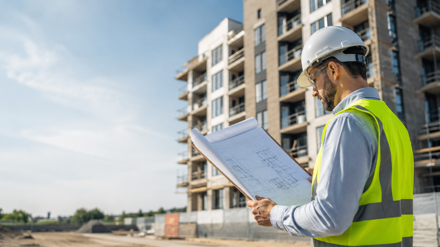 Engineer reviewing plans at an active construction site